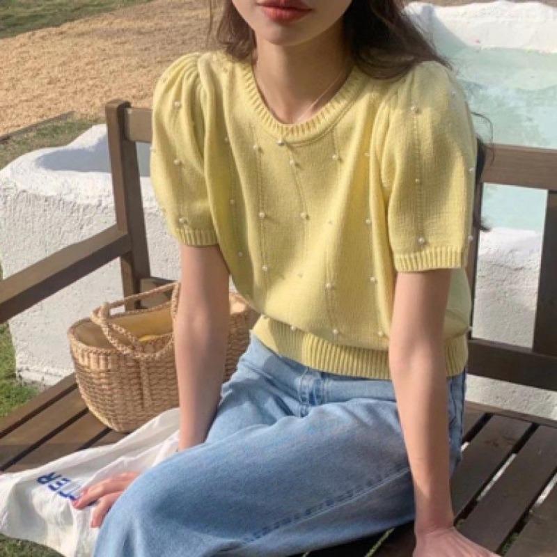 Women Elegant Pearl Decor Puff Sleeve Knit Short Sleeve T Shirt