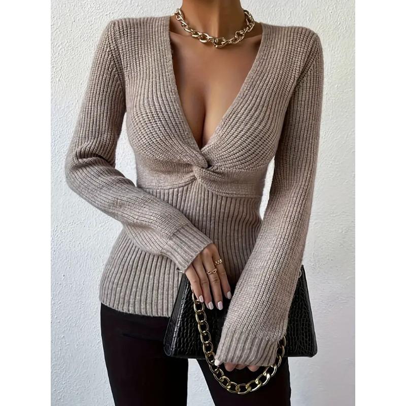 Women S Sexy Deep V Twist Knit Slim Fit Long Sleeve Sweater For Fall Winter