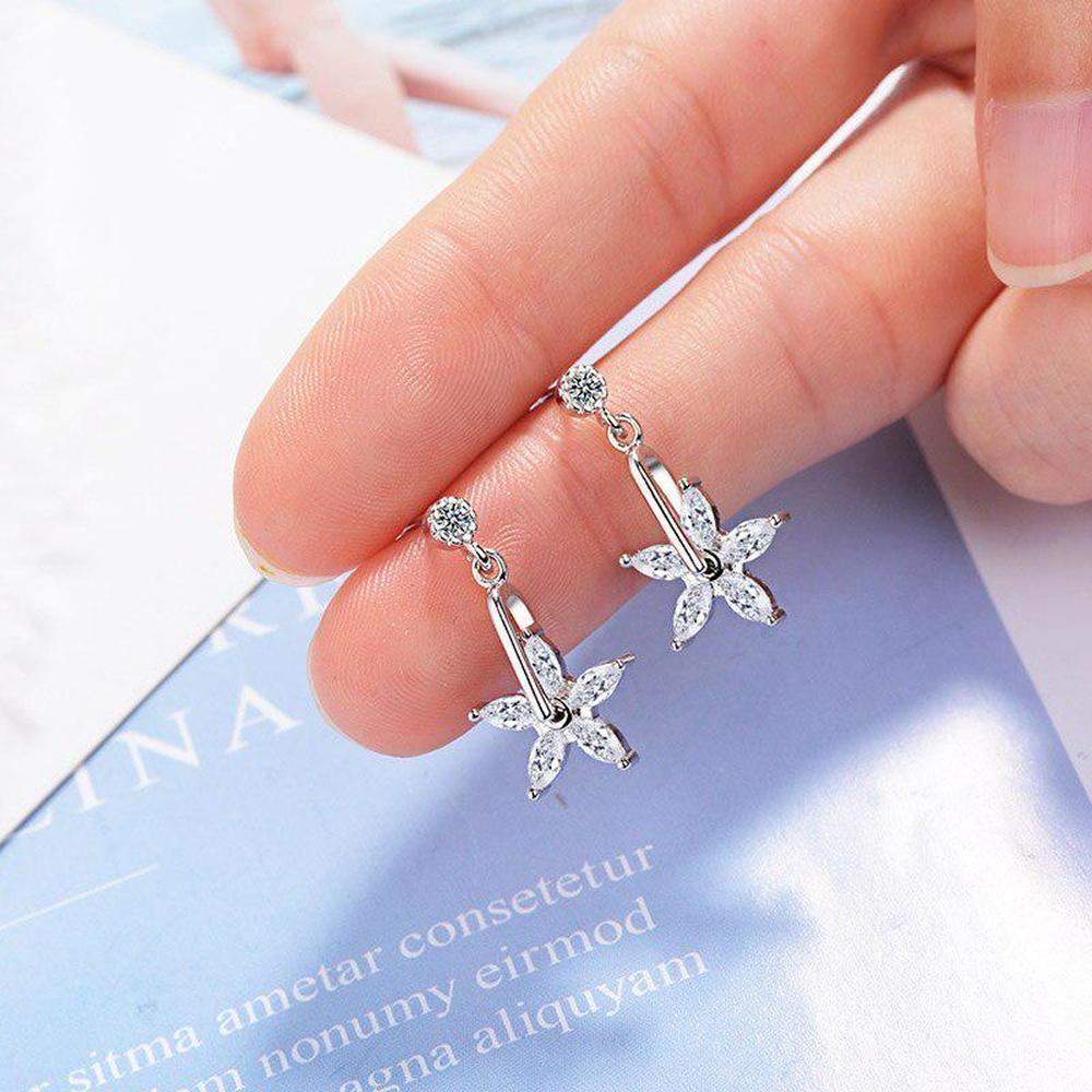 Lindon Trendy silverring  Earrings with Five petal flower Shape Zircon Gemstone Drop Earrings for Women Wedding Jewelry Gift