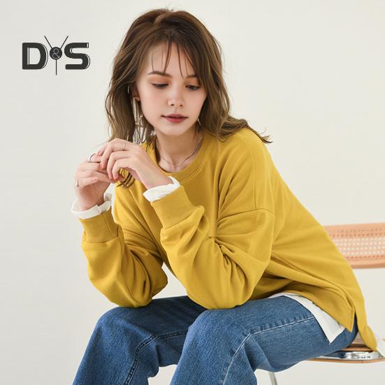 Women Sweatshirt Round Neck Long Sleeve Solid Color Loose Fit Pullover Tops Fake Two Pieces Side Slit Design Casual Sport Tops