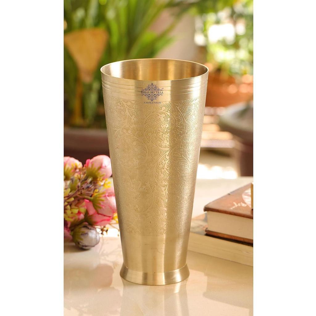 Brass Lassi Glass with Embossed Design, Drinkware & Serveware for Lassi, Milk, and Water, Height-8" Inches, Volume-1100 Ml