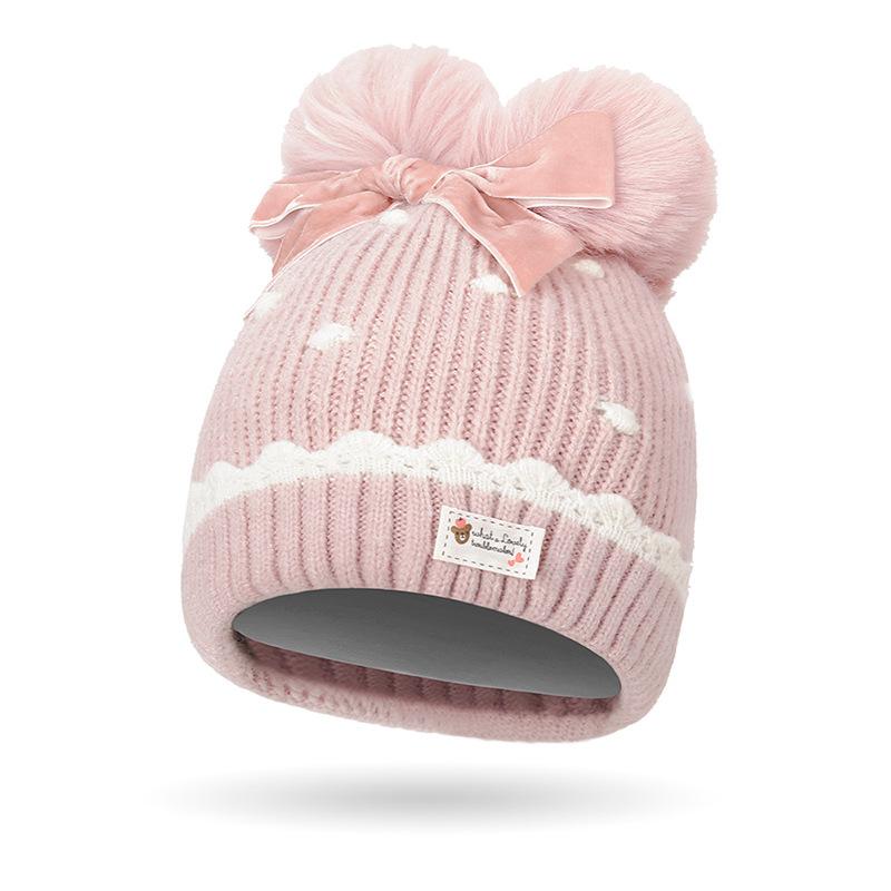 Chapéu de outono inverno infantil, laço de bola de cabelo de menina, proteção de orelha de malha quente, chapéu de lã para bebê