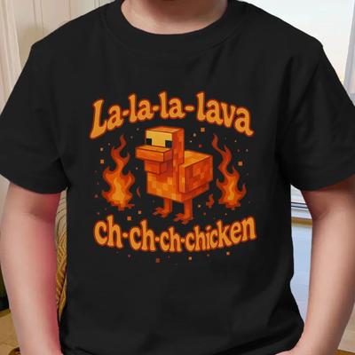 Autumn and Winter Pixel Art Lava and Chicken Graphic Summer Kids Fashion Cartoon Round Cute Boy Casual Short Sleeve T-Shirt