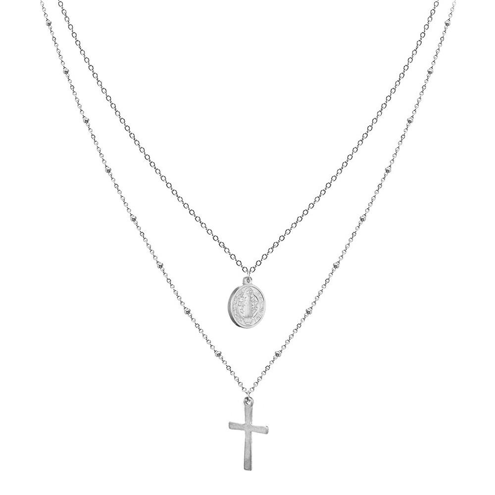 Stainless Steel Religious Cross Pendant Multi-Layer Necklace with Beads