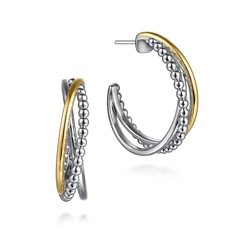 Two Tone Intertwined Beaded Smooth Bar Cross Hoop Huggie Earrings Minimalist Cold Wind European Women Jewelry