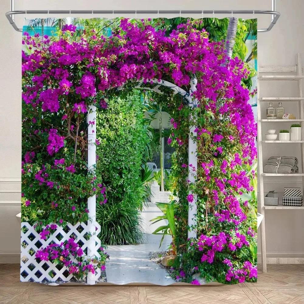 Fence Flowers Shower Curtains Blue Window Nature Floral Plants Scenery Modern Garden Wall Hanging Home Bathroom Decor With Hooks