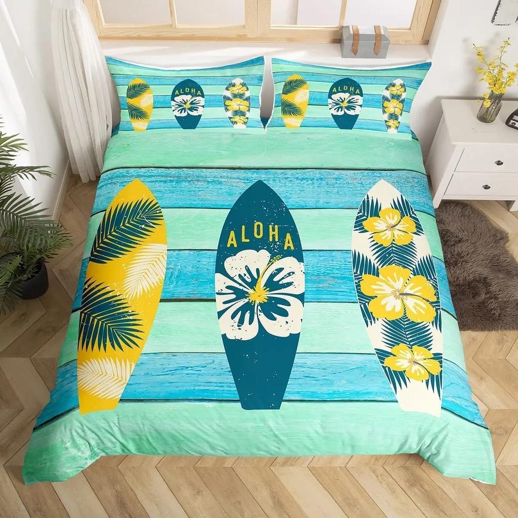 Surf Duvet Cover Set Retro Posters Group Summer Vacation Theme Water Sports California Beach Surfboard Wood Board Bedding Sets