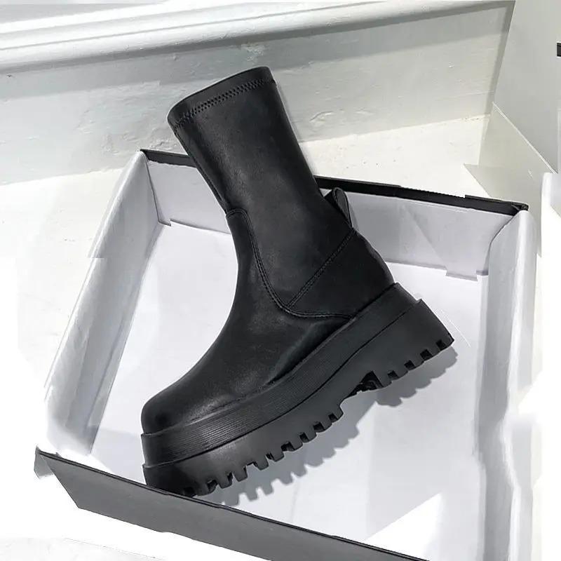 Fashion Ladies 2025 Women's Platform Chelsea Black Mid Calf Boots Pipe Autumn Winter Flat Short Leather Rubber Comfortable
