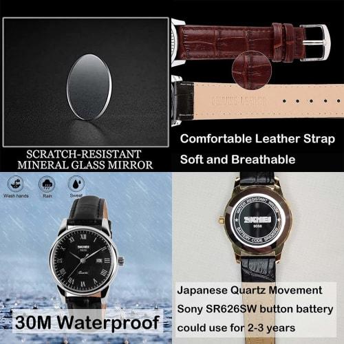 Ceas de damă SKMEI, Curea din piele neagră, Mișcare analogică simplă cu quartz, Drăguț, Elegant, Rezistent la apă, Casual, Afișaj dată, Business, Stil clasic, Per