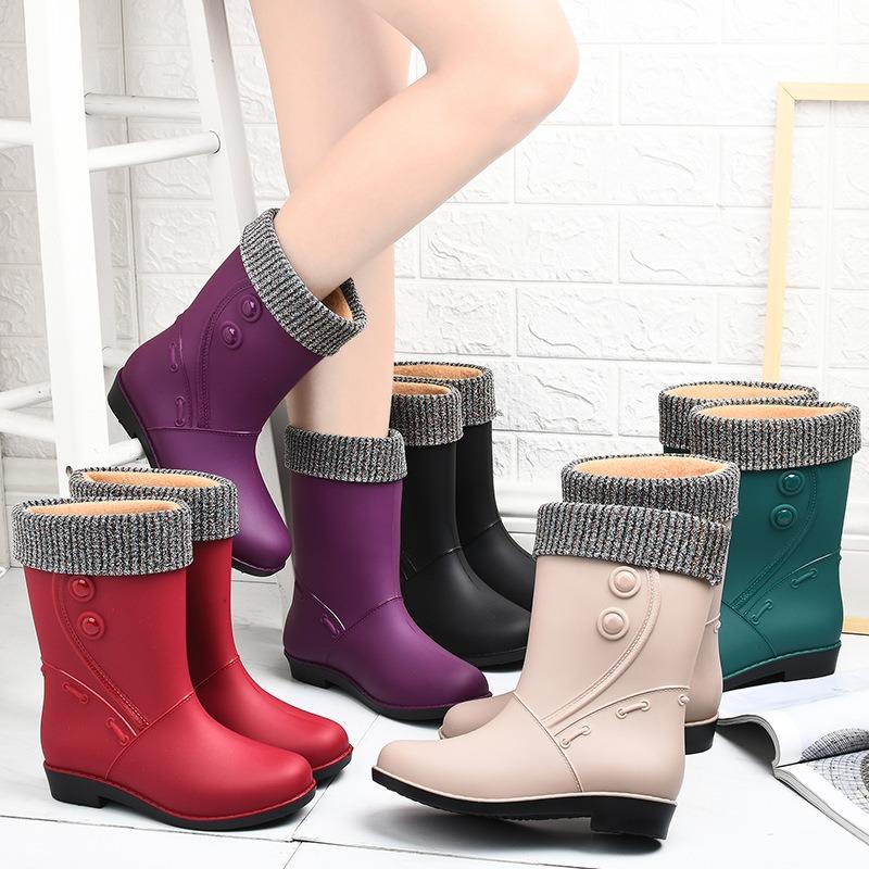 Fashion Velvet Rain Shoes Women's Warm High School Rain Boots Winter Solid Color Low Heel Non-slip Snow Boots Going Out, Rubber Shoes