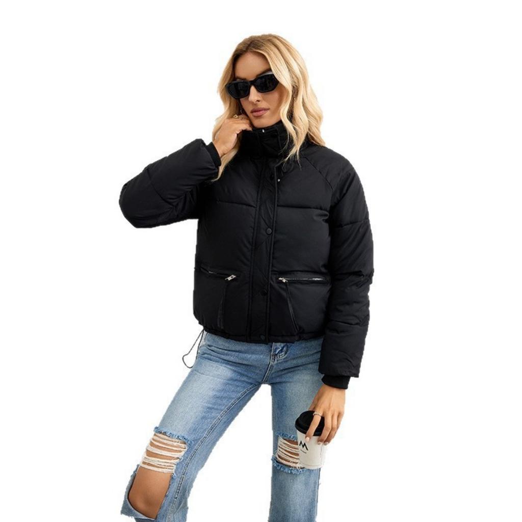 Women's Oversized Cropped Stand Collar Padded Jacket, Casual Zip Up Puffer Coat, Korean Style European American Winter Outerwear for Petite