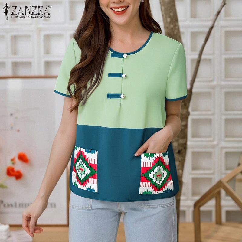 ZANZEA Women Casual Round Neck Short Sleeve Ethnic Print Blouse