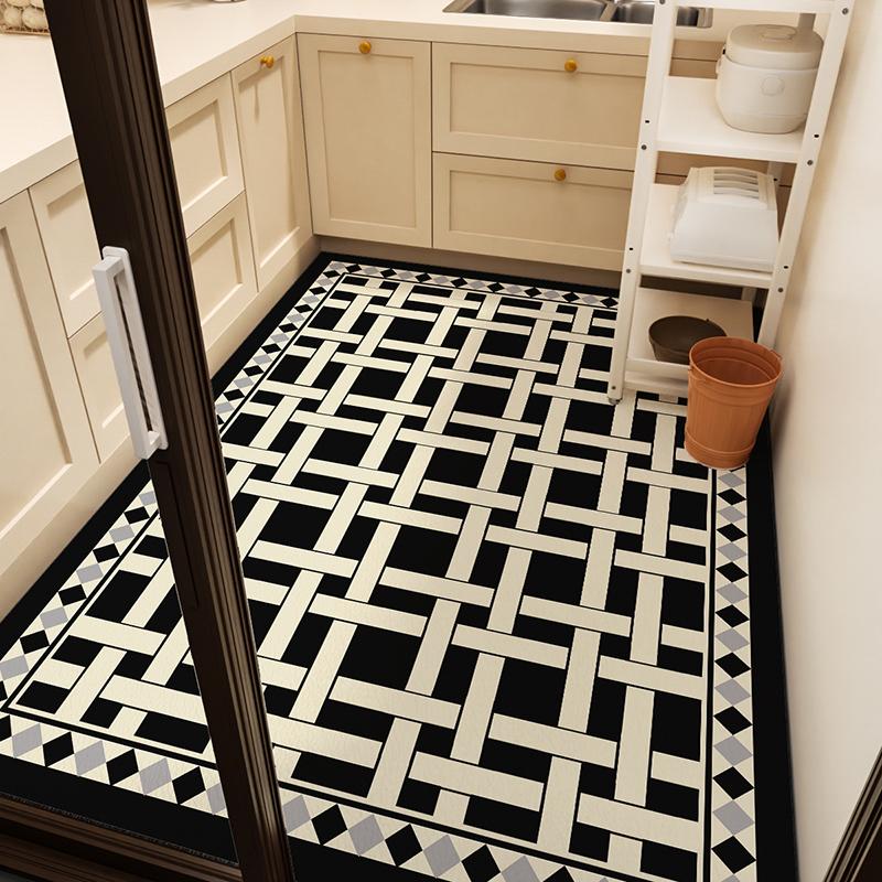 Geometric Pattern Kitchen Carpet Retro Floral PVC Carpets Plaid Ethnic Style Floor Mat Waterproof Non-slip Mats Anti-scratch Rug