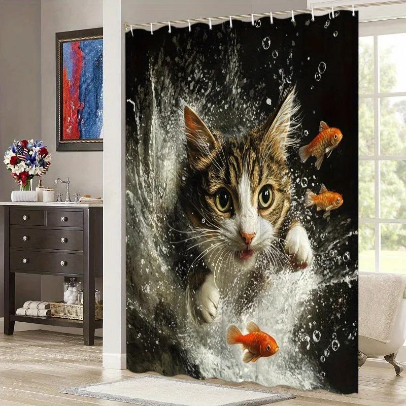 1pc Playful Tabby Kitten Shower Curtain - Brown & White, Colorful Fish & Water Droplets