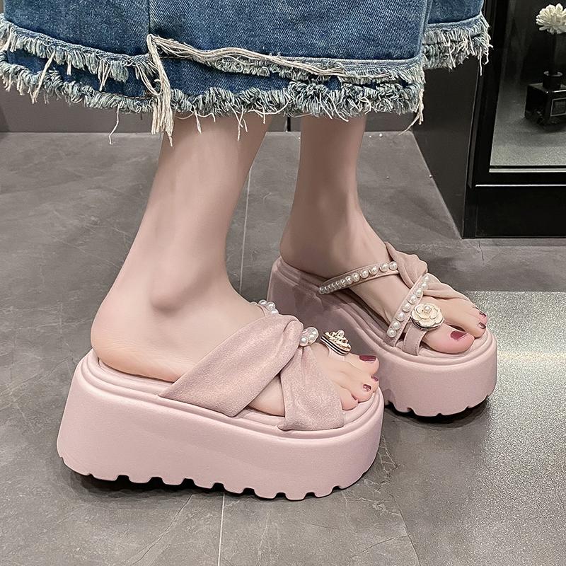 Fashion 8CM Platform Sandals Women 2025 Summer New Non-slip High Heels Flannel Slippers Ladies Open-toed Roman Soft Beach Shoes