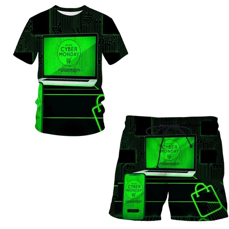 3D-Druck übergroßes modisches T-Shirt-Shorts-Set Harajuku Freizeit reifer Kurzarmanzug Mobile Technologie Zweiteiliges Set