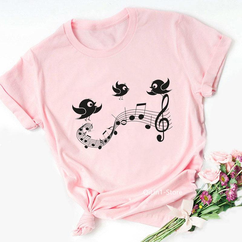 Camiseta De Gato Con Nota Musical Negra Para Mujer, Blusa Rosa Para Mujer, Camiseta Con Estampado De Gatito Encantador, Camiseta Para Mujer