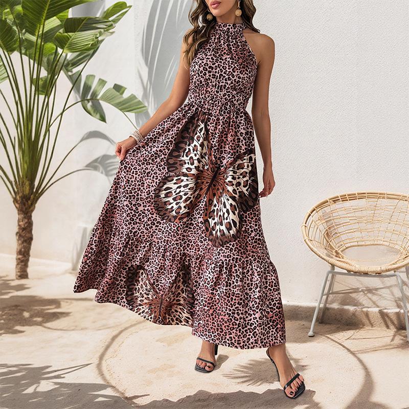 2025 European/American Halter Neck Sleeveless Leopard Butterfly Patchwork Beach Dress