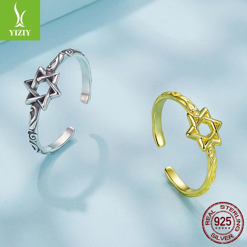 Vintage Hexagram Open Ring, Fashion S925 Sterling Silver Lucky Pattern Ring