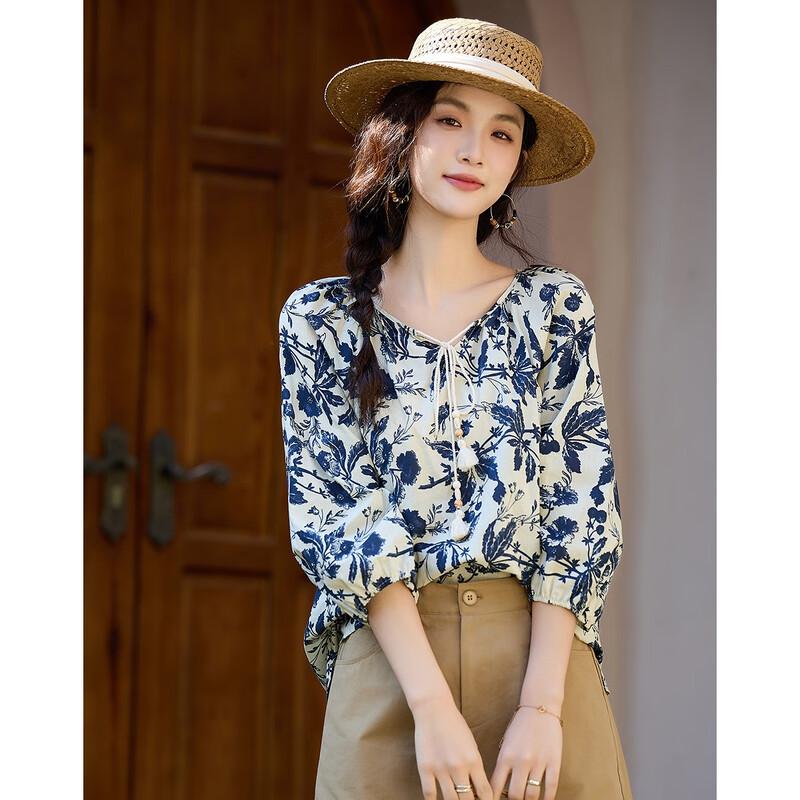 Demana Floral Print Tie-Neck 3/4 Sleeve Cotton Blouse