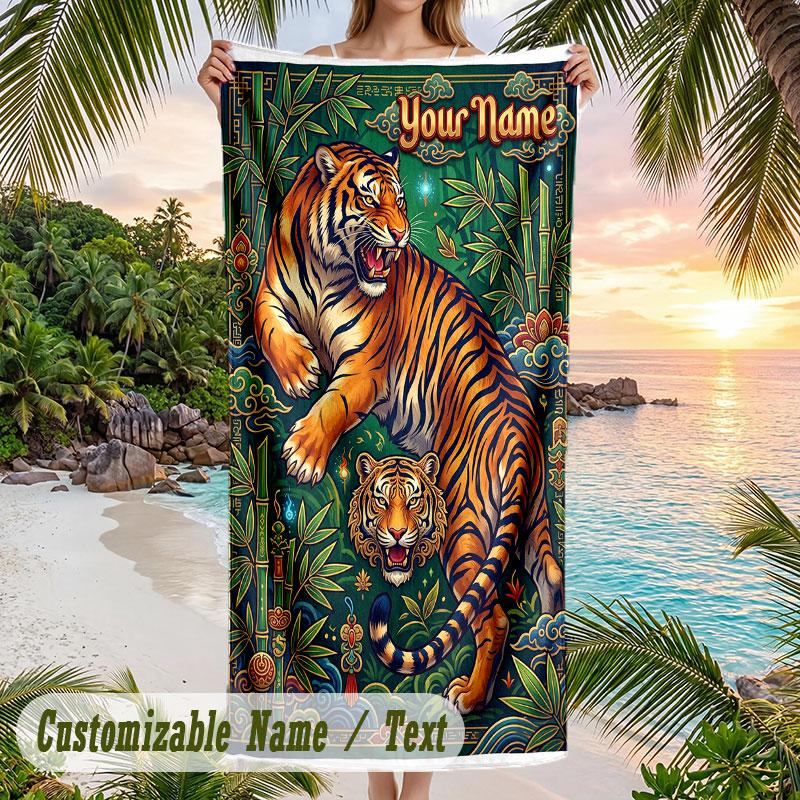 Tiger Art Poster Theme Quick Dry Beach Towel Custom Name Text Print Large Sand Resistant Towel Beach Vacation