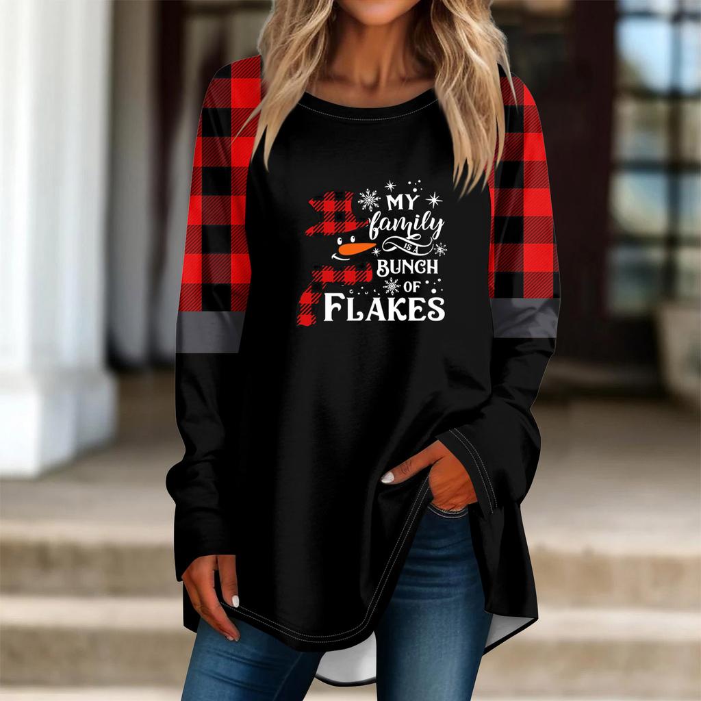 Fashionable Women's Loose Round Neck Christmas Small Print Long-sleeved T-shirt Top Pullover