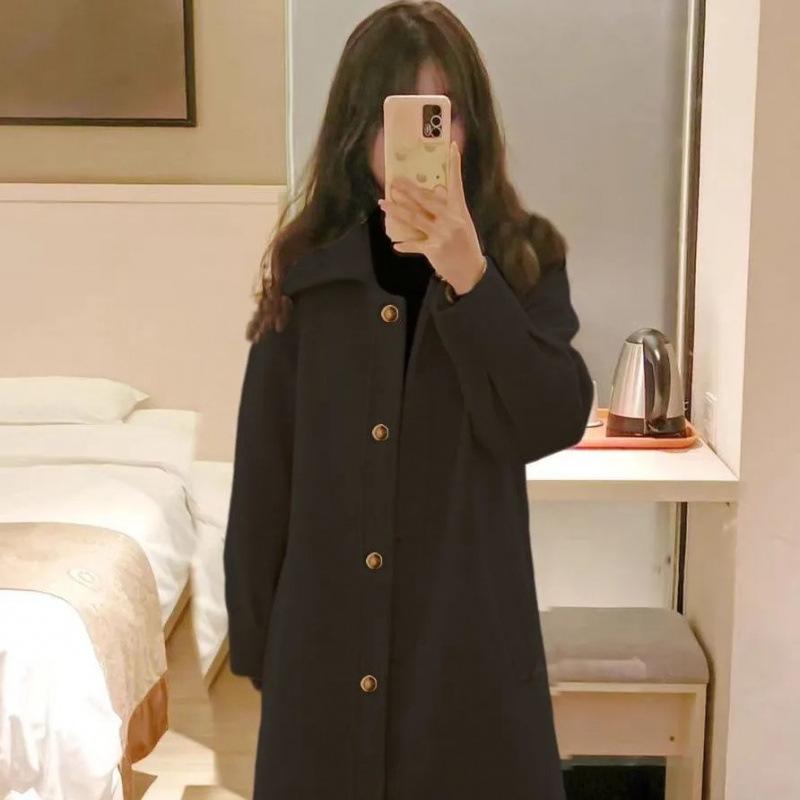 Hepburn Style Mid-Length Woolen Coat for Women - Trendy Petite Autumn/Winter Outerwear XL чёрный