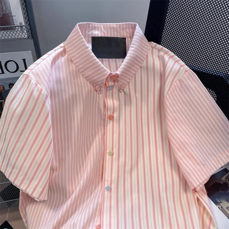 Cămașă de damă colorată cu dungi roz și nasturi, top de vară cu mânecă scurtă în stil colegial, largă, cu guler răsturnat, cămăși de damă