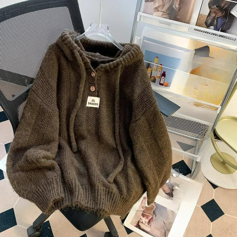 Šedý svetr s kapucí Svetr Dámský styl Podzimní a zimní bunda Svetr Top s dlouhým rukávem