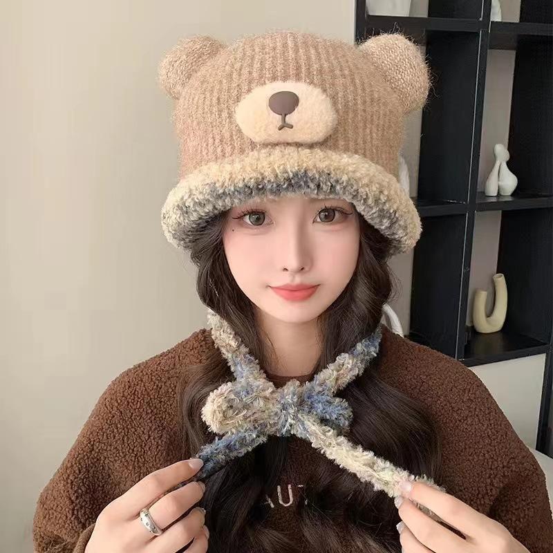 

Милая шапка-сумка с медведем, шапка двойного назначения, зимняя, для лица, маленькая, тепловая, на завязках, плюшевая вязаная шерстяная шапка One Size Elastic