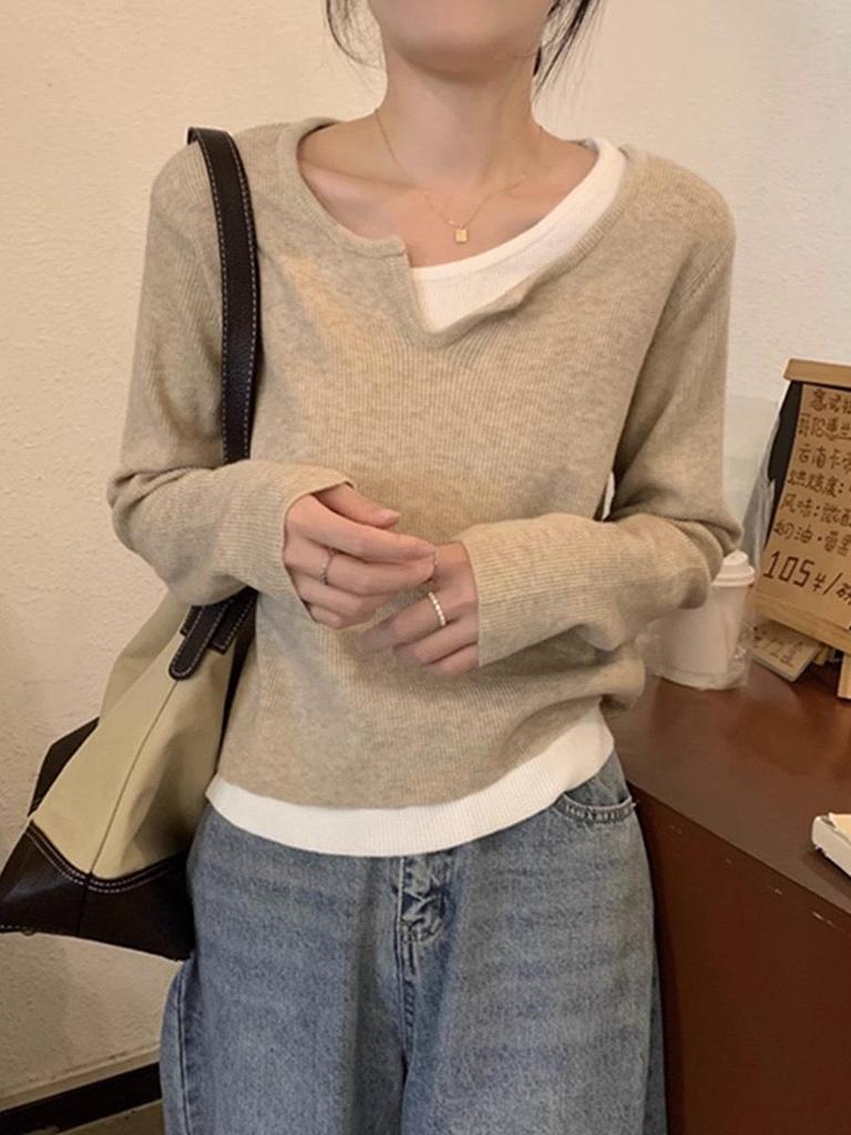 Women's French-Style Knit Sweater: Chic, Soft, Two-Piece Look with Revealing Collarbone for Spring, Autumn, and Winter.