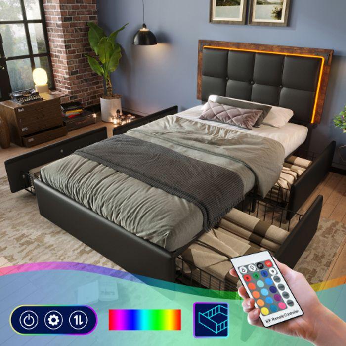 Cadre De Lit - MUVOE - 90x200 Cm - LED - 4 Tiroirs - Noir PU