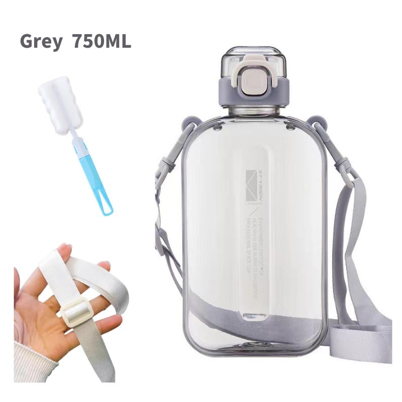 

Квадратная прозрачная спортивная бутылка для воды, портативная дорожная фляга с регулируемым ремешком, герметичная бутылка для спорта и кемпинга 750ML серый