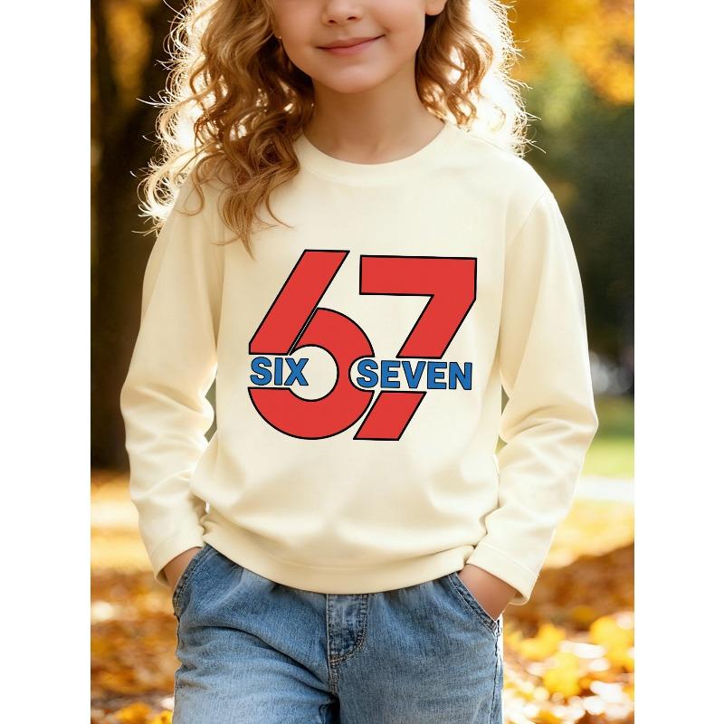 Kids Unisex Crewneck Sweatshirt, Bold Red Block 67 SIX SEVEN Contrast Blue Text Long Sleeve Pullover, Soft Fleece Sweatshirts for Boys Girls Ages 4+