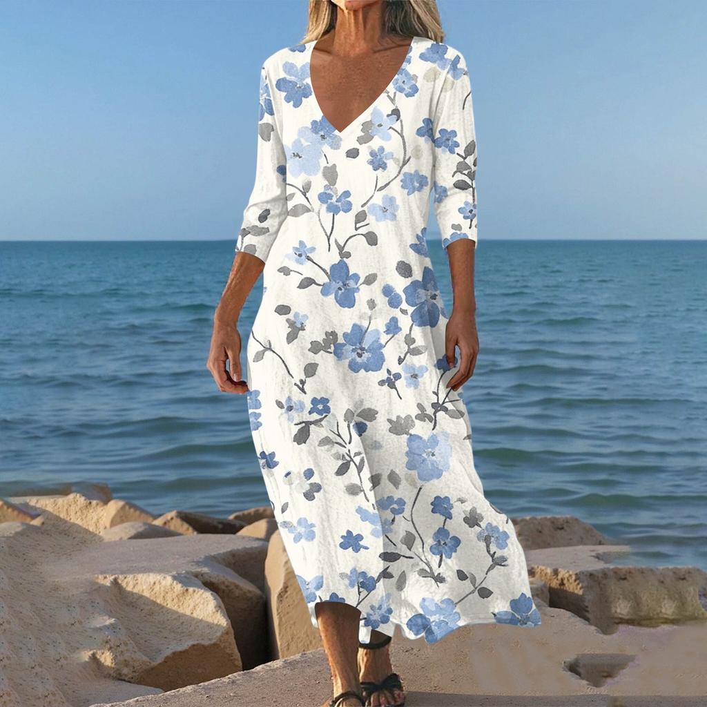 Dresses For Womens Vintage Print Tunic Waisted Midi Dress Summer Casual 3/4 Sleeve Dress