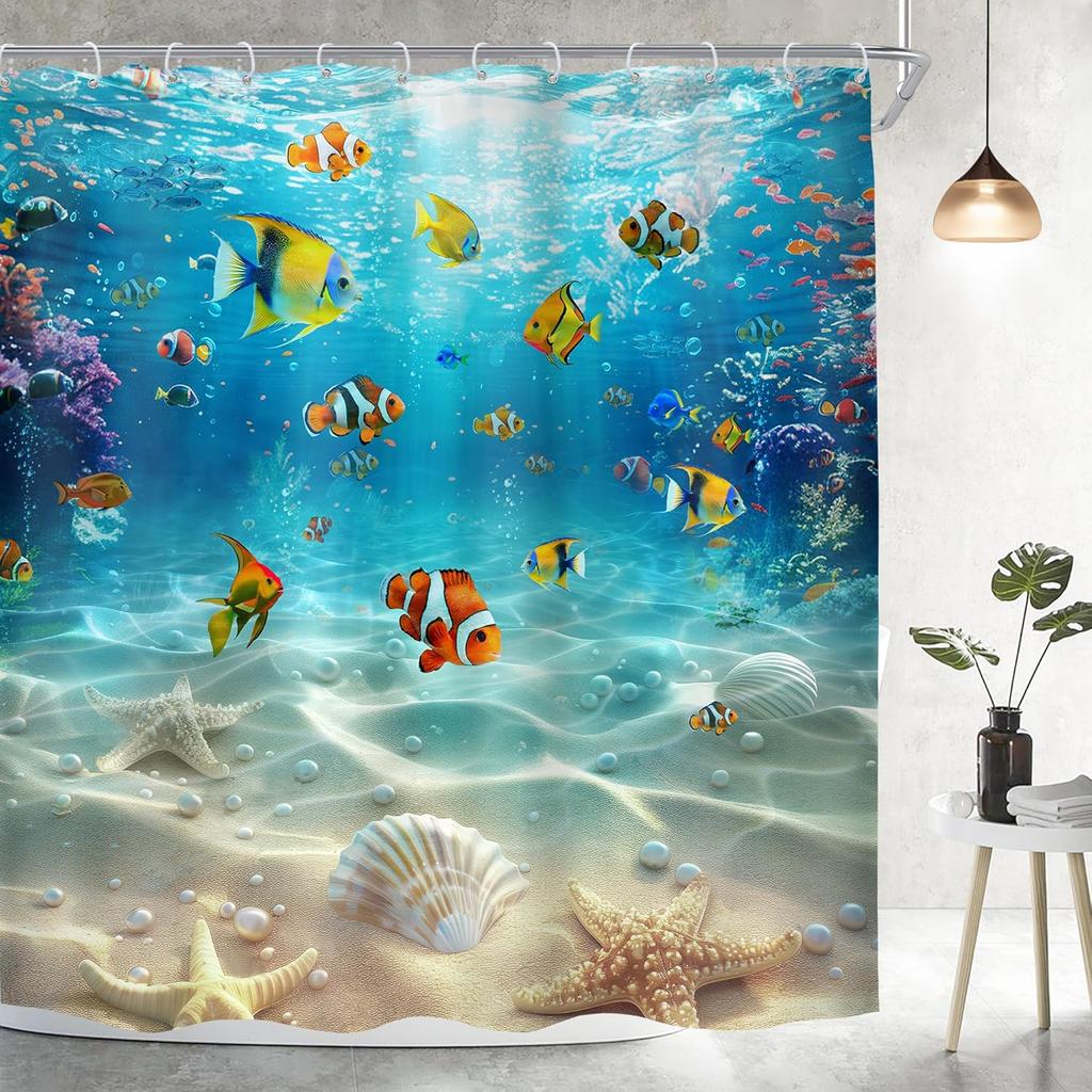 Blue Ocean Shower Curtain With Underwater Scene, Starfish Shells Fish Corals And Pearls Coastal Theme Bathroom Set