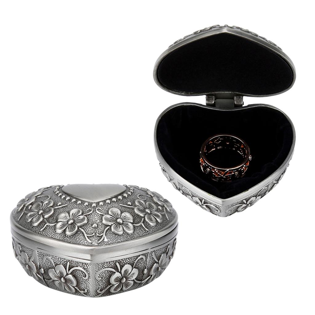 Vintage Jewelry Box Metal Heart Shape Carved Flower Antique Necklace Earring Storage Organizer