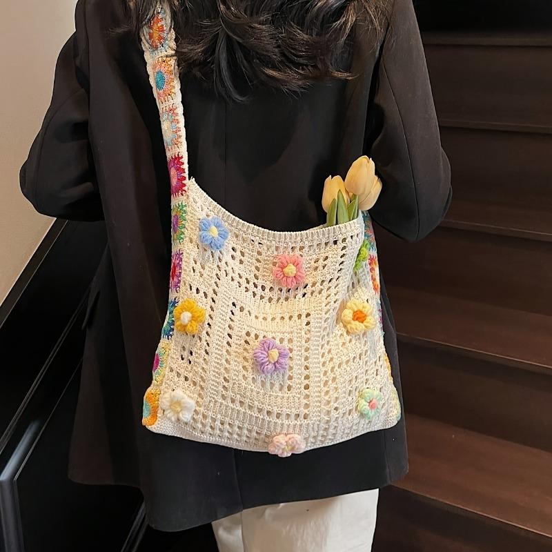 Bohemian Vintage Hollow Floral Contrast Casual Messenger Bag - Assorted Color Fabric with Buttons, Washable By Hand, Open Design, Ideal for Women
