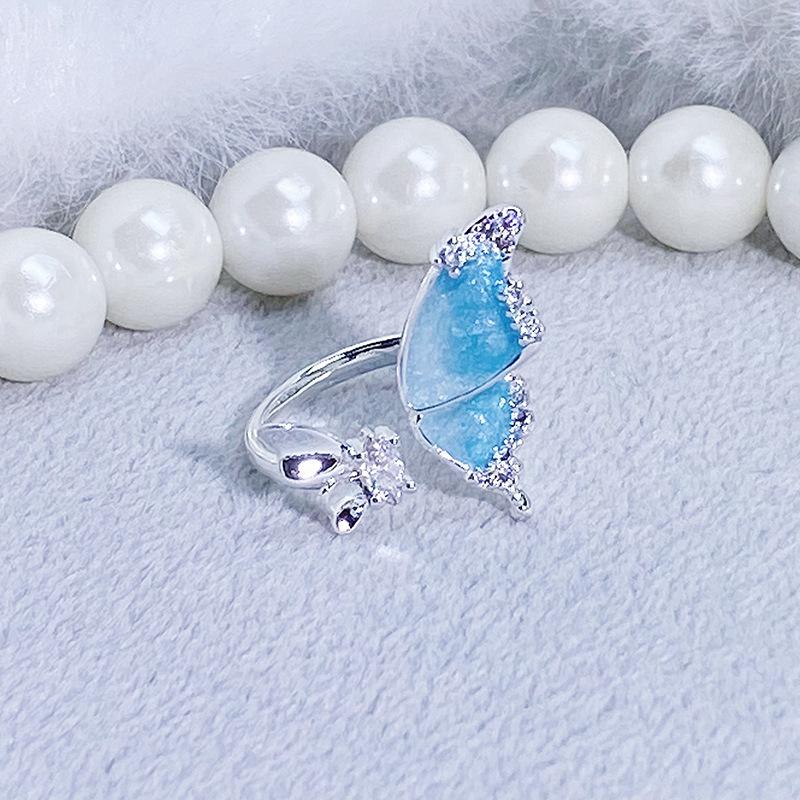 Blue Enamel Oil Drop Flower Bow Star Opening Ring Women'S Niche High-End Light Luxury Ring