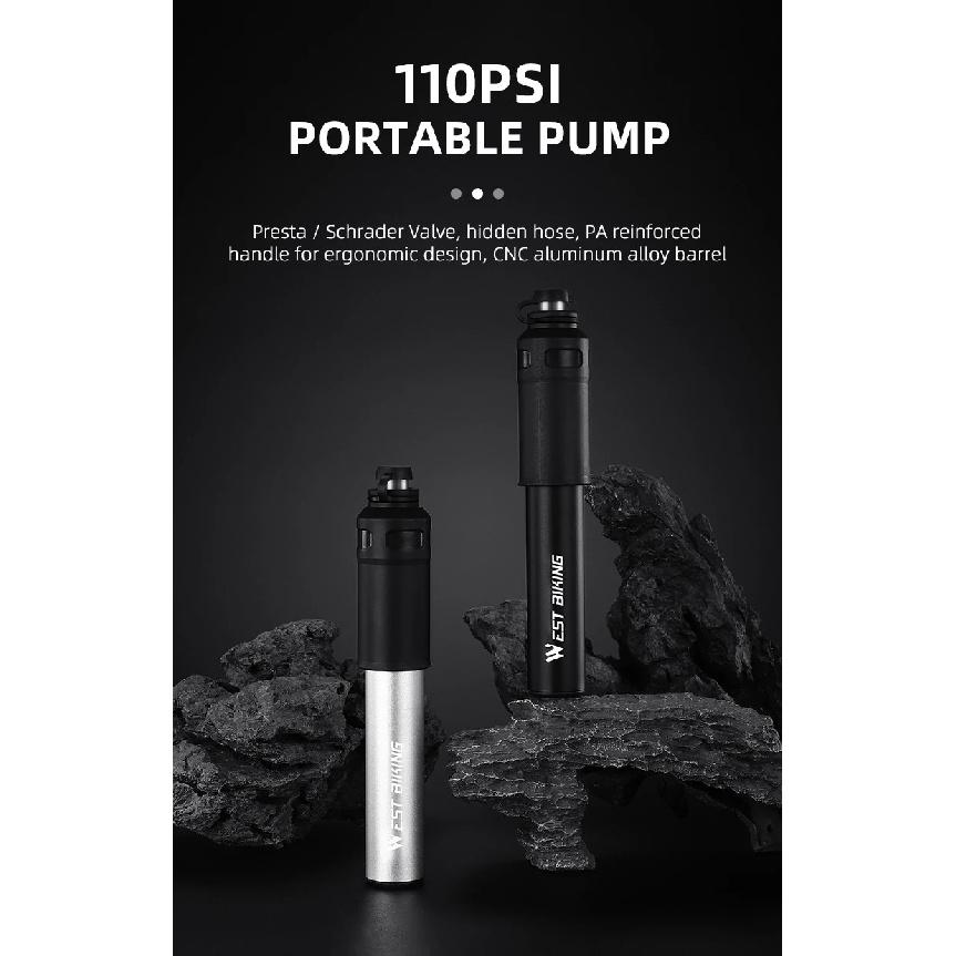 WEST BIKING Mini Portable Bicycle Pump 110PSI Hand Air Pump MTB Road Bike Tire Inflator With Extension Hose Cycling Accesories