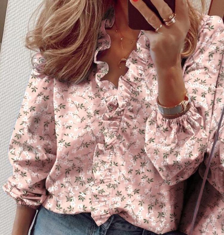 Ruffle Printed Floral Letter Tops Fashion Women Long Sleeved Shirt S розовый