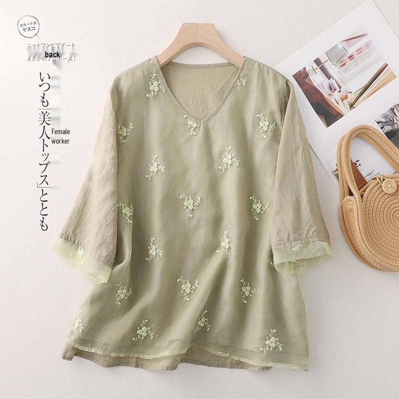 Summer Cotton Linen Patchwork Organza Shirt - Retro Artistic Zen Tea Ceremony Loose Top for Women