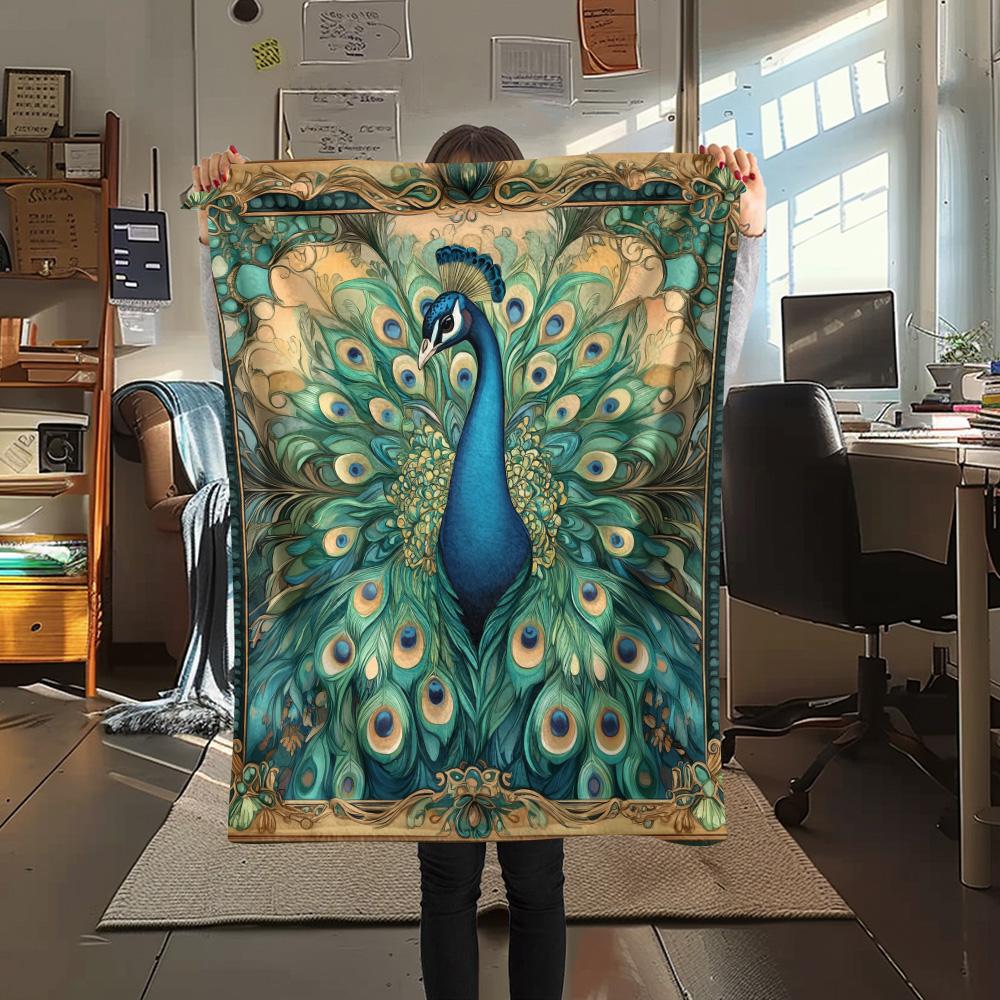 Peacock with Fanned Tail Print Flannel Blanket, High quality Comfortable for All Seasons, Home Decor, Warmth and Comfort