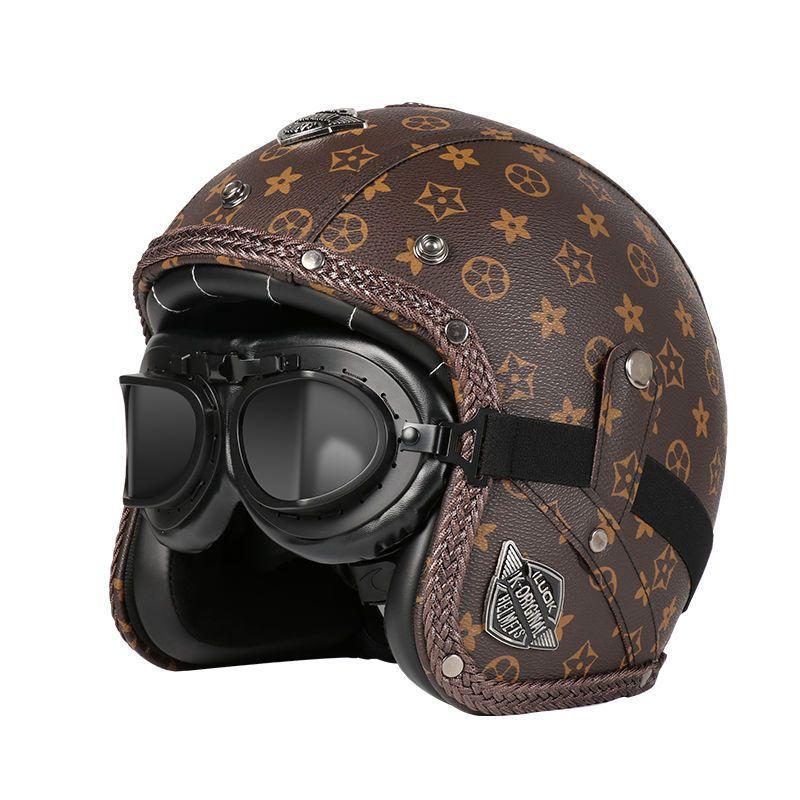 Retro Helmet Electric Motorcycle Leather Helmet Summer Pedal Cruise Motorcycle Harley Men and Women Three Quarter Helmet Half Helmet