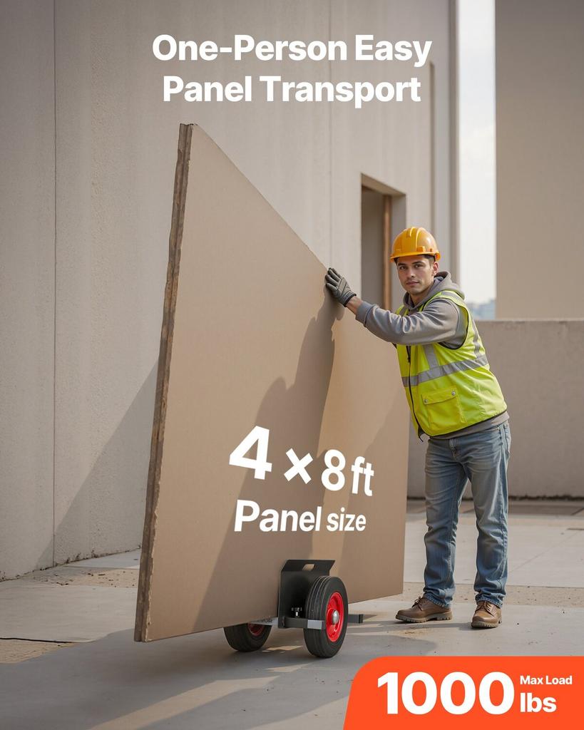 Panel Dolly, 453.6 kg Load Capacity, Drywall Mover with 25 cm Rubber Wheels Fits Different Terrain, Adjustable Clamp Panel Cart for Steel Panels,