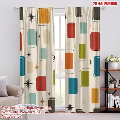 2pcs,2D Plane Printing Pattern Curtains Retro Squares Versatile 100% Polyester (without Rod) Decorations For Home Use for