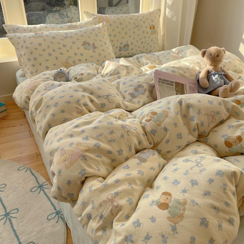 

Class A Maternal And Infant Grade 100 Cotton Double-Layer Yarn4-Pcs Set Pure Cotton Cartoon Dormitory 3-Pcs Set Quilt Cover Bed Sheet Naked Sleeping 1.2 m 3pc quilt 1.5*2m