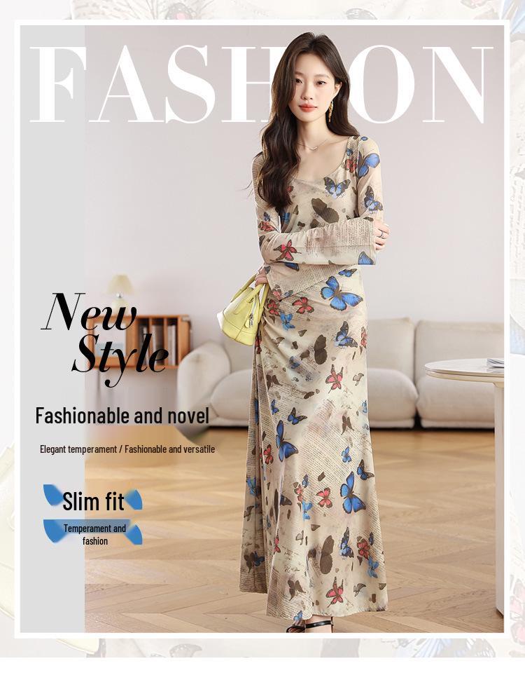 Retro Butterfly Print Long-Sleeve Dress - Slim Fit, Sexy Ruched Waist