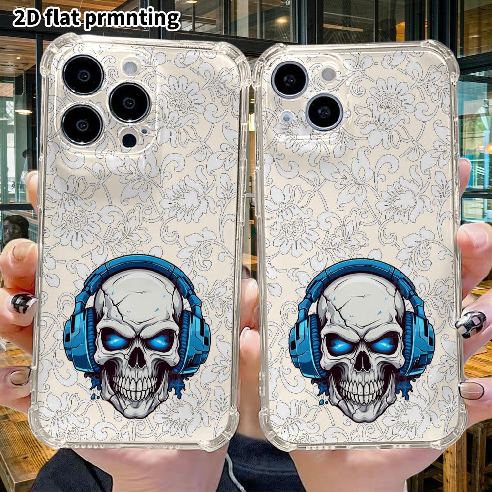 Phone Case: 2D Flat Suitable for iPhone 18 17 16 15 14 13 Pro, Transparent Corner Protection Case, Glowing Skull, Christmas and Halloween Gift