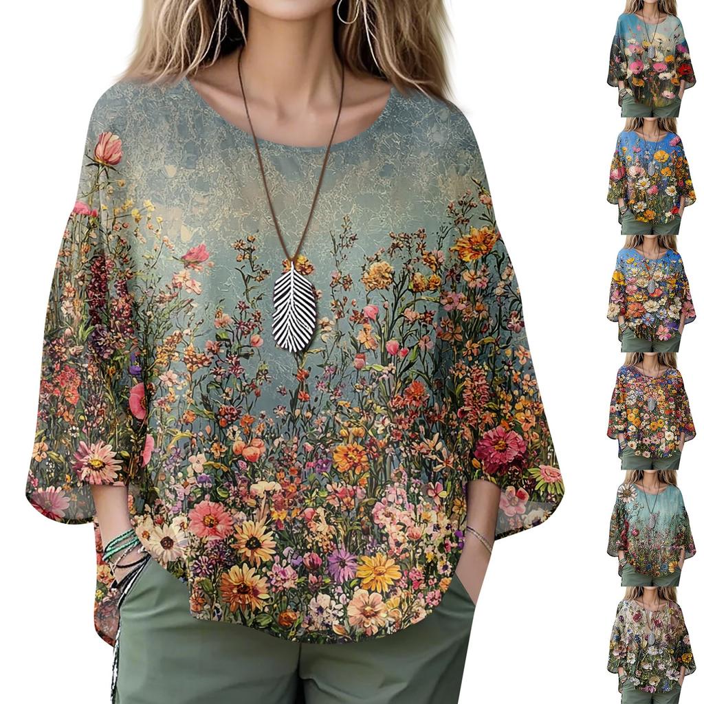 Summer Tops For Women Cute V Neck 3/4 Sleeve Blouses Floral Print Top Casual Shirts
